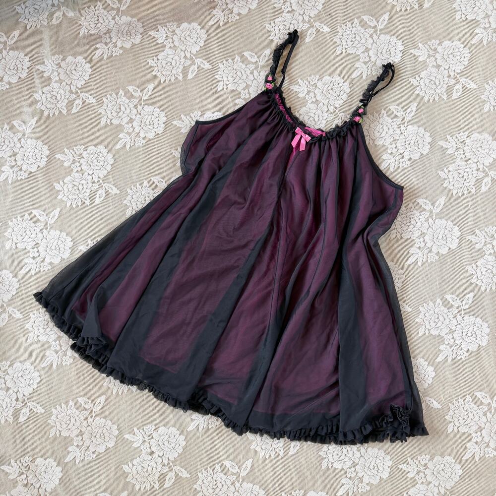 Betsey Johnson Y2K Black & Pink Mesh Babydoll Slip Dress Size L